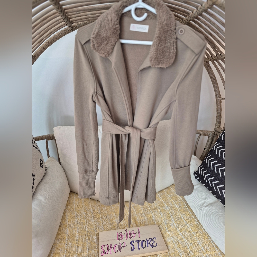 Tan Belted Women's Vest with Faux Fur Collar